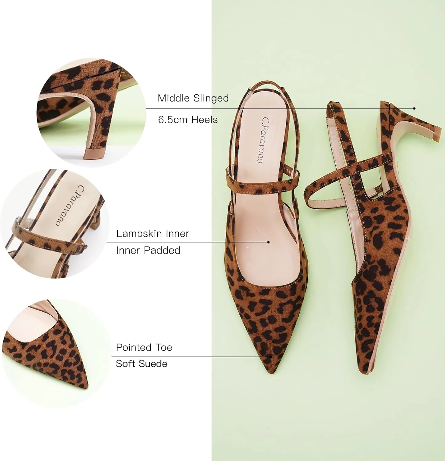 C.Paravano Women's Slingback Flats & Heels - Pointed Toe, Ankle Strap, Comfortable Leather Dress Shoes