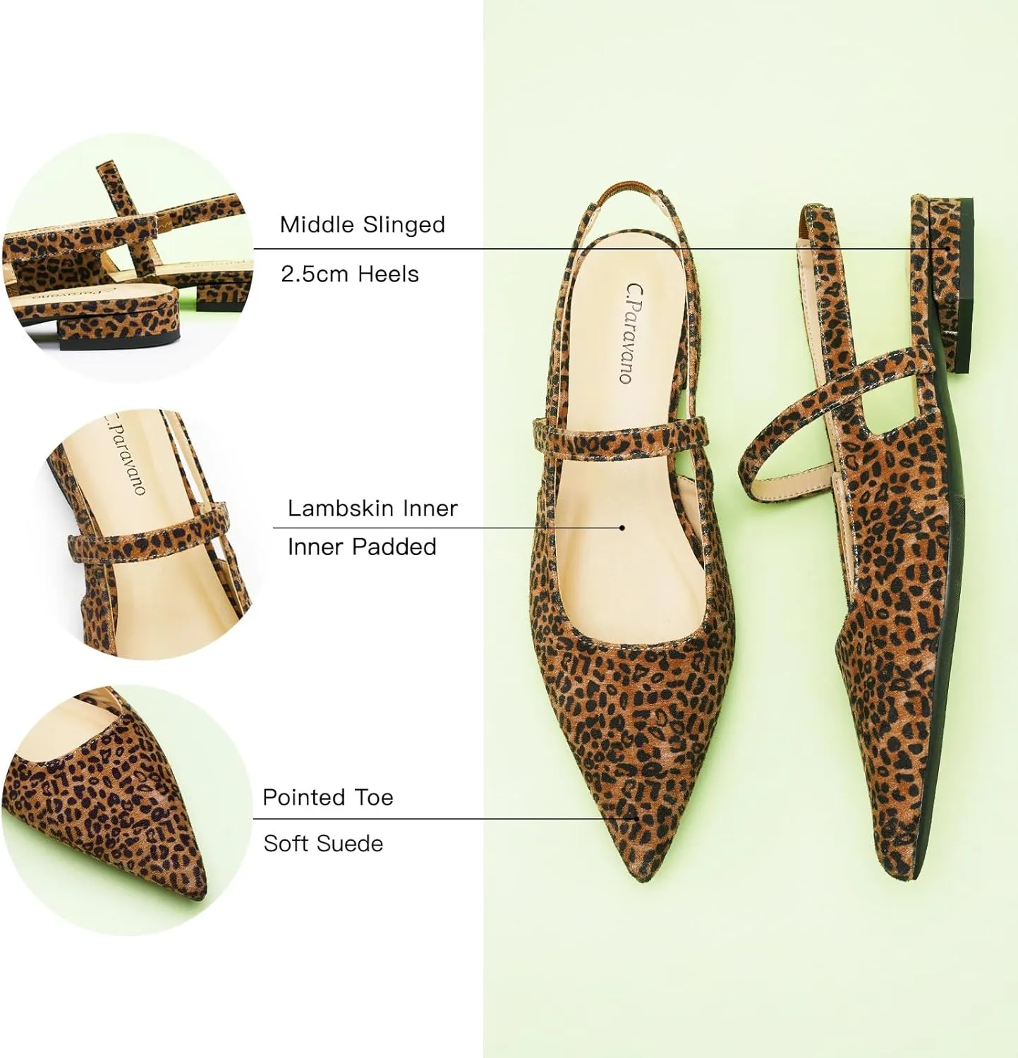 C.Paravano Women's Slingback Flats & Heels - Pointed Toe, Ankle Strap, Comfortable Leather Dress Shoes