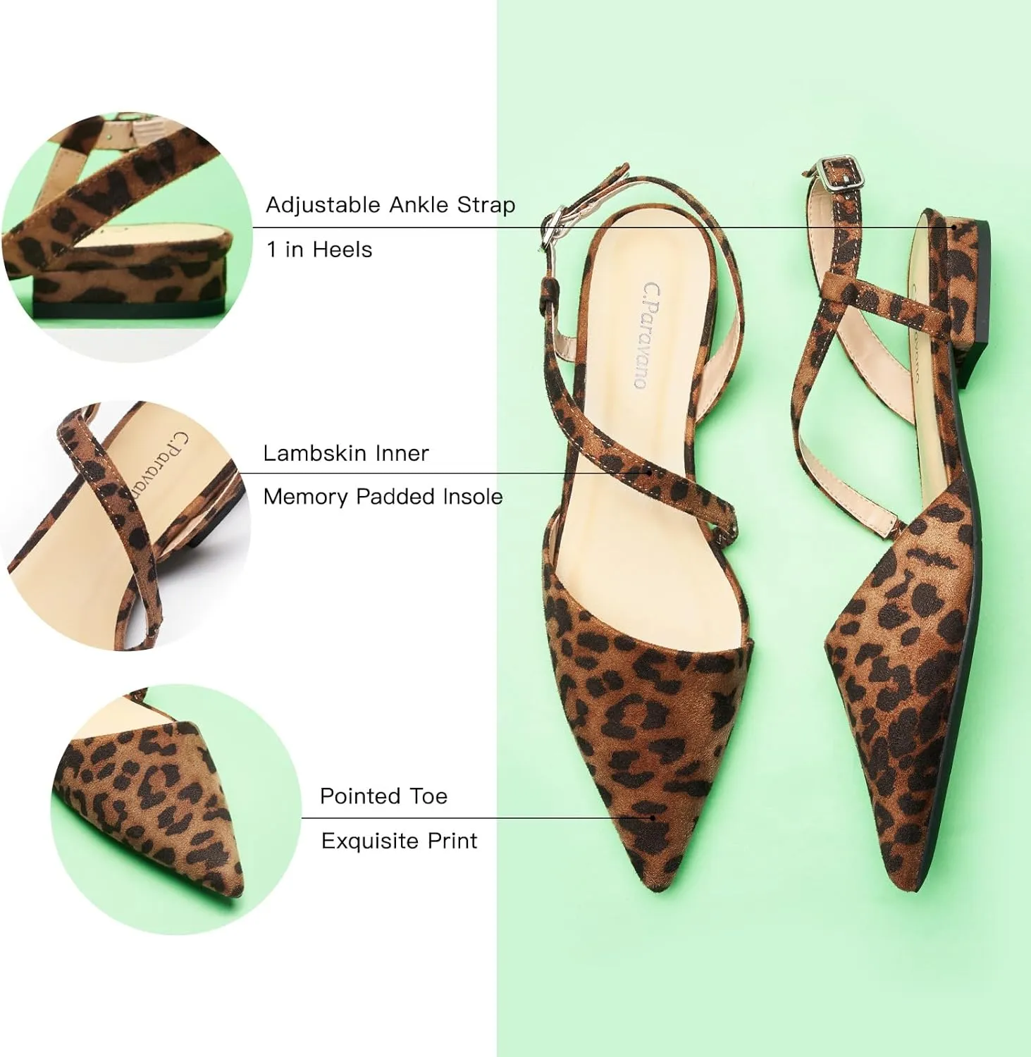 C.Paravano Women's Slingback Flats with S-Curve Strap - Crocodile-Embossed Pointed Toe Slip-On Shoes | Adjustable Back Comfortable Flat Sandals