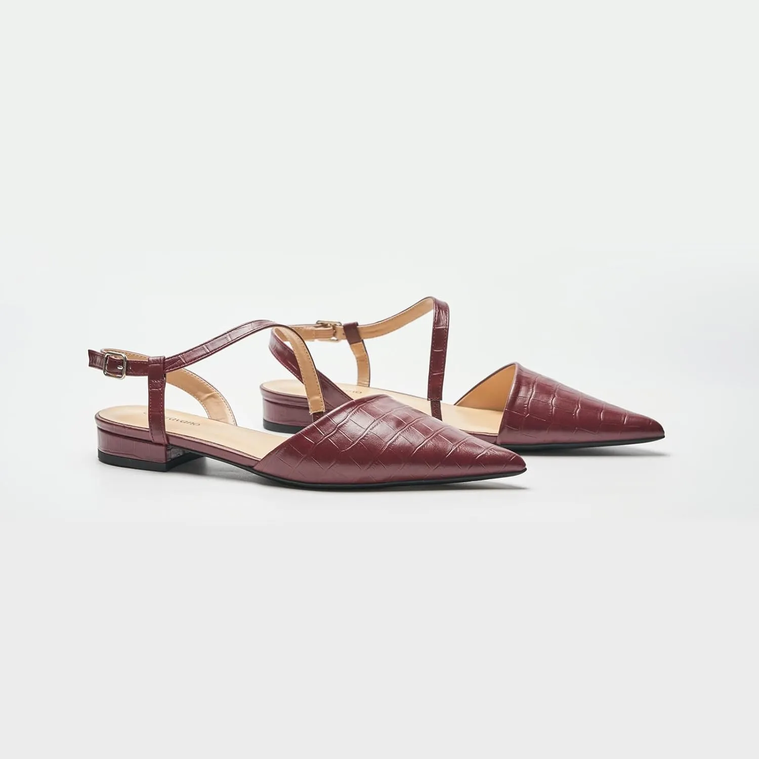 C.Paravano Women's Slingback Flats with S-Curve Strap - Crocodile-Embossed Pointed Toe Slip-On Shoes | Adjustable Back Comfortable Flat Sandals