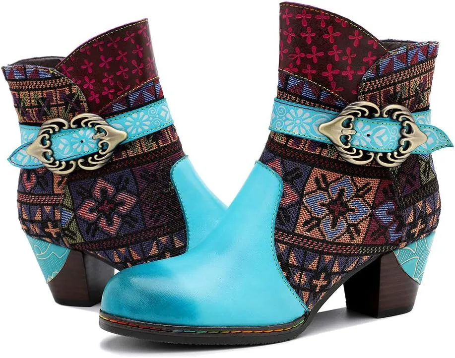 CrazycatZ Women's Leather Ankle Booties, Bohemian Pattern Short Boots Flower Splicing Pattern Handmade Vintage Shoes Exotic Booties