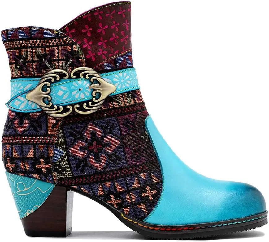 CrazycatZ Women's Leather Ankle Booties, Bohemian Pattern Short Boots Flower Splicing Pattern Handmade Vintage Shoes Exotic Booties