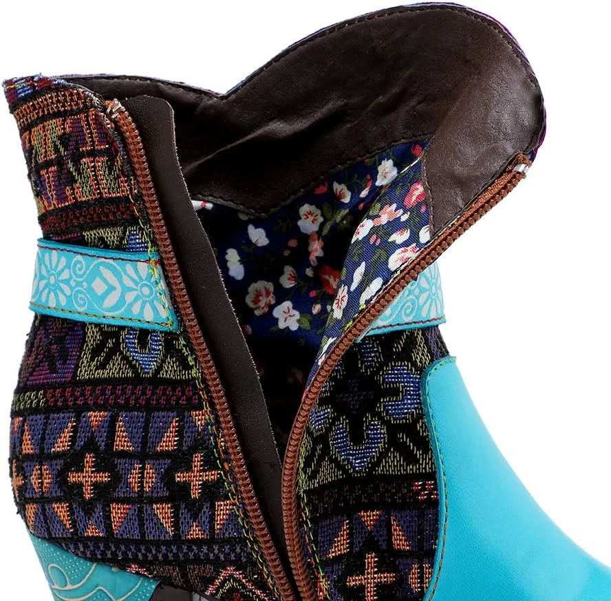 CrazycatZ Women's Leather Ankle Booties, Bohemian Pattern Short Boots Flower Splicing Pattern Handmade Vintage Shoes Exotic Booties