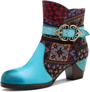 CrazycatZ Women's Leather Ankle Booties, Bohemian Pattern Short Boots Flower Splicing Pattern Handmade Vintage Shoes Exotic Booties