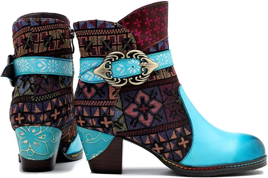 CrazycatZ Women's Leather Ankle Booties, Bohemian Pattern Short Boots Flower Splicing Pattern Handmade Vintage Shoes Exotic Booties