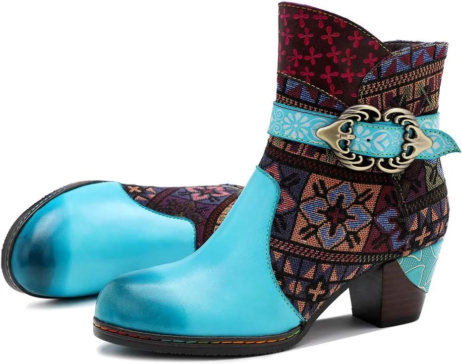 CrazycatZ Women's Leather Ankle Booties, Bohemian Pattern Short Boots Flower Splicing Pattern Handmade Vintage Shoes Exotic Booties