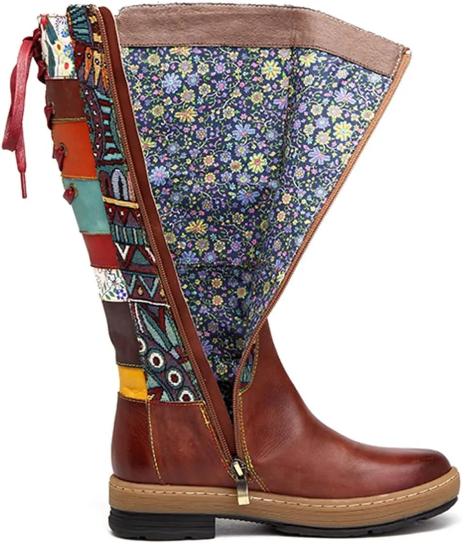 CrazycatZ Womens Leather Bohemian Knee High Boots Block Heel Tall Bootie Exotic Pattern