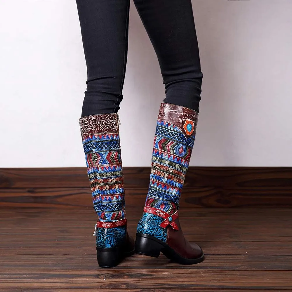 CrazycatZ Womens Leather Bohemian Knee High Boots Block Heel Tall Bootie Exotic Pattern
