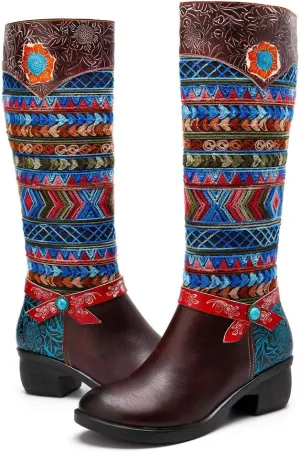 CrazycatZ Womens Leather Bohemian Knee High Boots Block Heel Tall Bootie Exotic Pattern