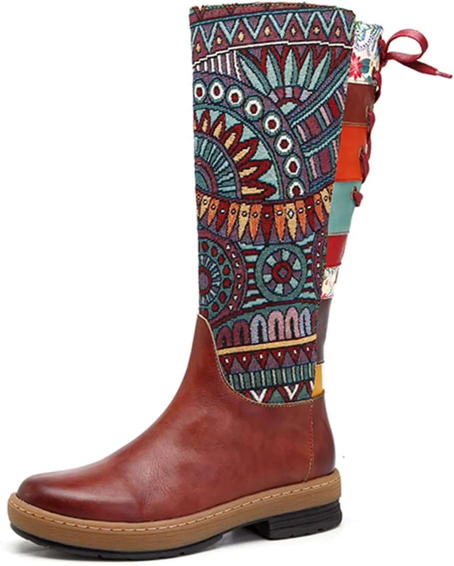 CrazycatZ Womens Leather Bohemian Knee High Boots Block Heel Tall Bootie Exotic Pattern
