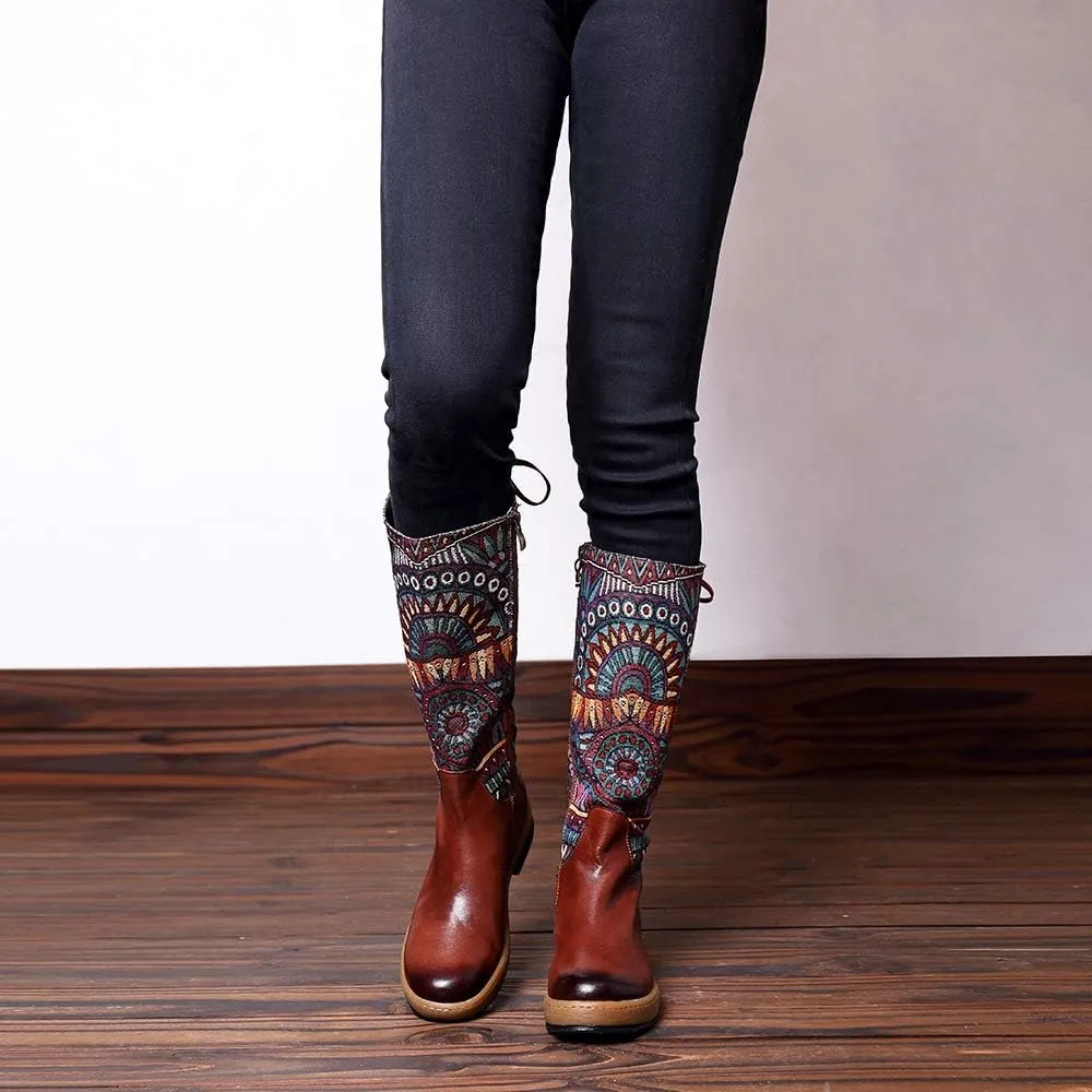 CrazycatZ Womens Leather Bohemian Knee High Boots Block Heel Tall Bootie Exotic Pattern