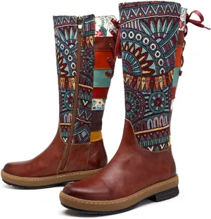 CrazycatZ Womens Leather Bohemian Knee High Boots Block Heel Tall Bootie Exotic Pattern