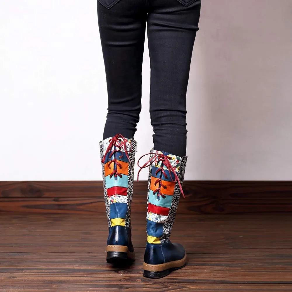 CrazycatZ Womens Leather Bohemian Knee High Boots Block Heel Tall Bootie Exotic Pattern