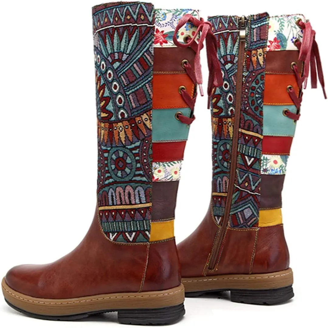 CrazycatZ Womens Leather Bohemian Knee High Boots Block Heel Tall Bootie Exotic Pattern