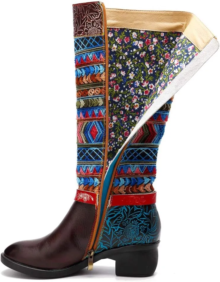 CrazycatZ Womens Leather Bohemian Knee High Boots Block Heel Tall Bootie Exotic Pattern