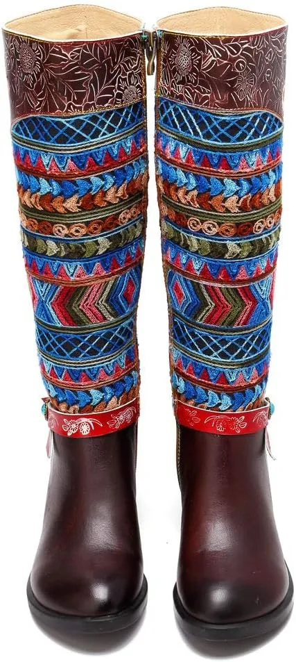 CrazycatZ Womens Leather Bohemian Knee High Boots Block Heel Tall Bootie Exotic Pattern