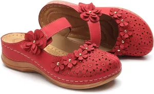 CrazycatZ Womens Summer Slipper PU Leather Comfort Mules Outdoor Beach Shoes Vintage Antil Slip Wedge Flowers Sandals Clogs