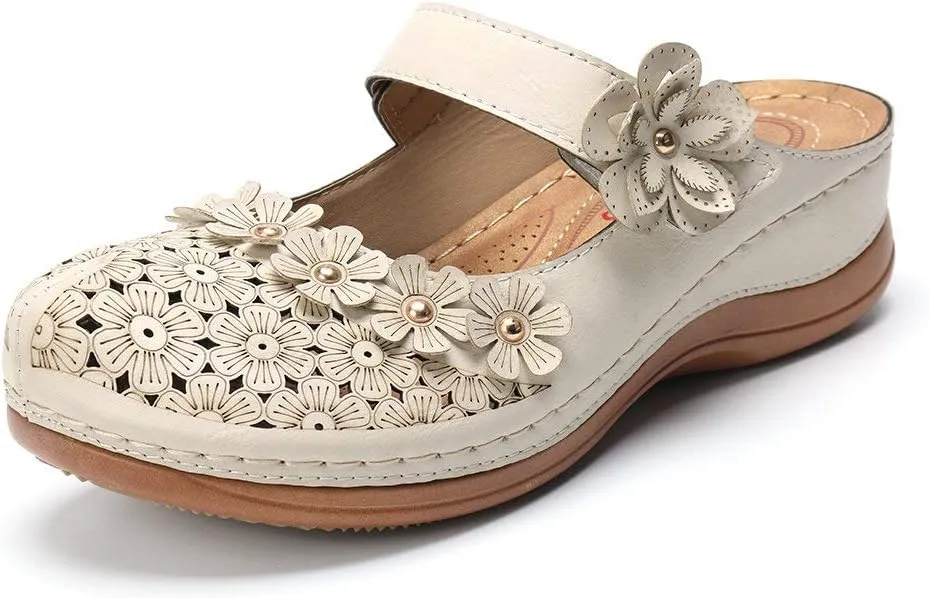 CrazycatZ Womens Summer Slipper PU Leather Comfort Mules Outdoor Beach Shoes Vintage Antil Slip Wedge Flowers Sandals Clogs