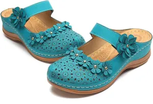 CrazycatZ Womens Summer Slipper PU Leather Comfort Mules Outdoor Beach Shoes Vintage Antil Slip Wedge Flowers Sandals Clogs