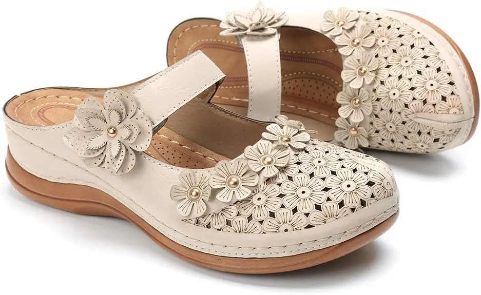 CrazycatZ Womens Summer Slipper PU Leather Comfort Mules Outdoor Beach Shoes Vintage Antil Slip Wedge Flowers Sandals Clogs