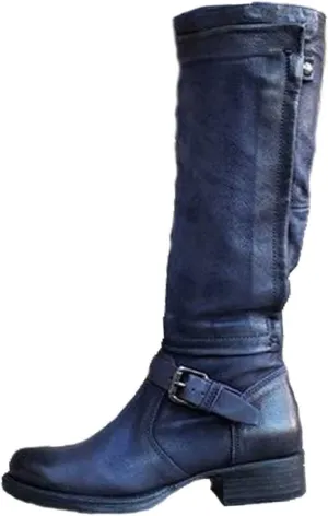 Ctreela Slouch Riding Boots Vintage Side Zipper Motorcycle Boots Winter Retro Round Toe Combat Boots Knee High Work Booties
