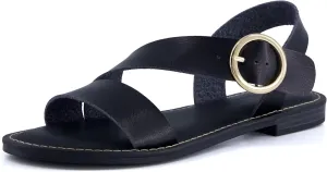 CUSHIONAIRE Lisbon Strappy Flat Sandals for Women 2025 with Adjustable Ankle Strap and Stylish Bold Buckle Accent Dressy Sandals