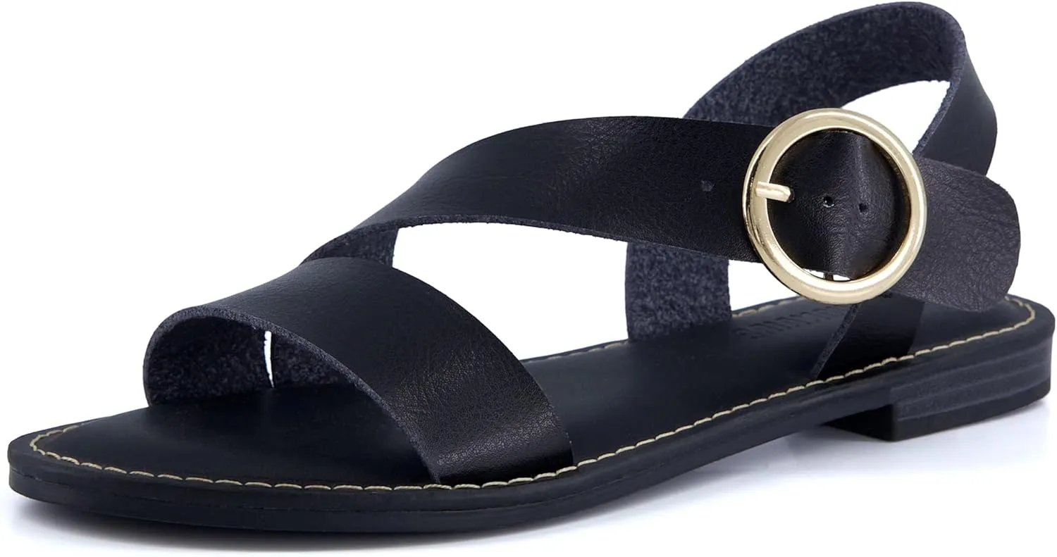 CUSHIONAIRE Lisbon Strappy Flat Sandals for Women 2025 with Adjustable Ankle Strap and Stylish Bold Buckle Accent Dressy Sandals