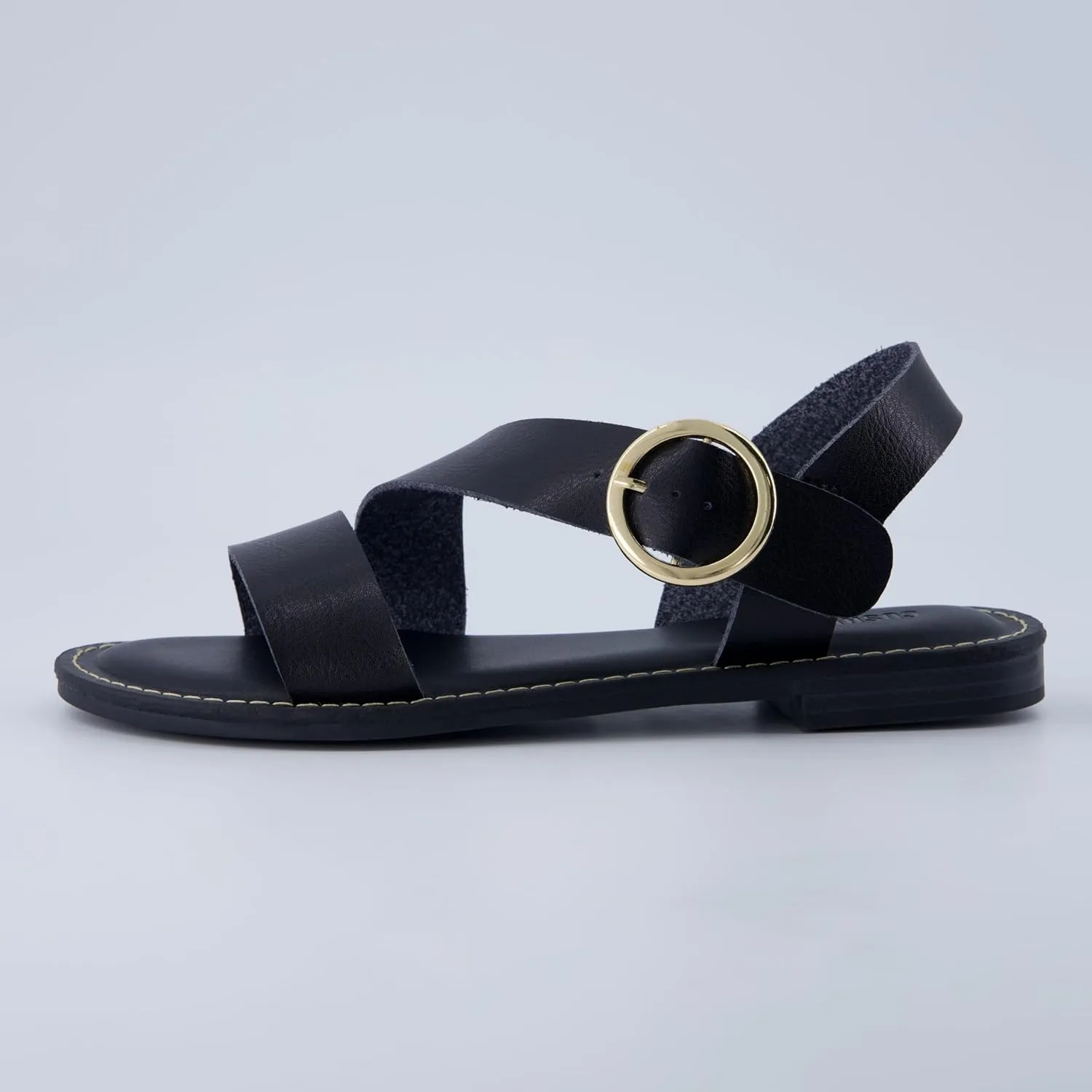 CUSHIONAIRE Lisbon Strappy Flat Sandals for Women 2025 with Adjustable Ankle Strap and Stylish Bold Buckle Accent Dressy Sandals