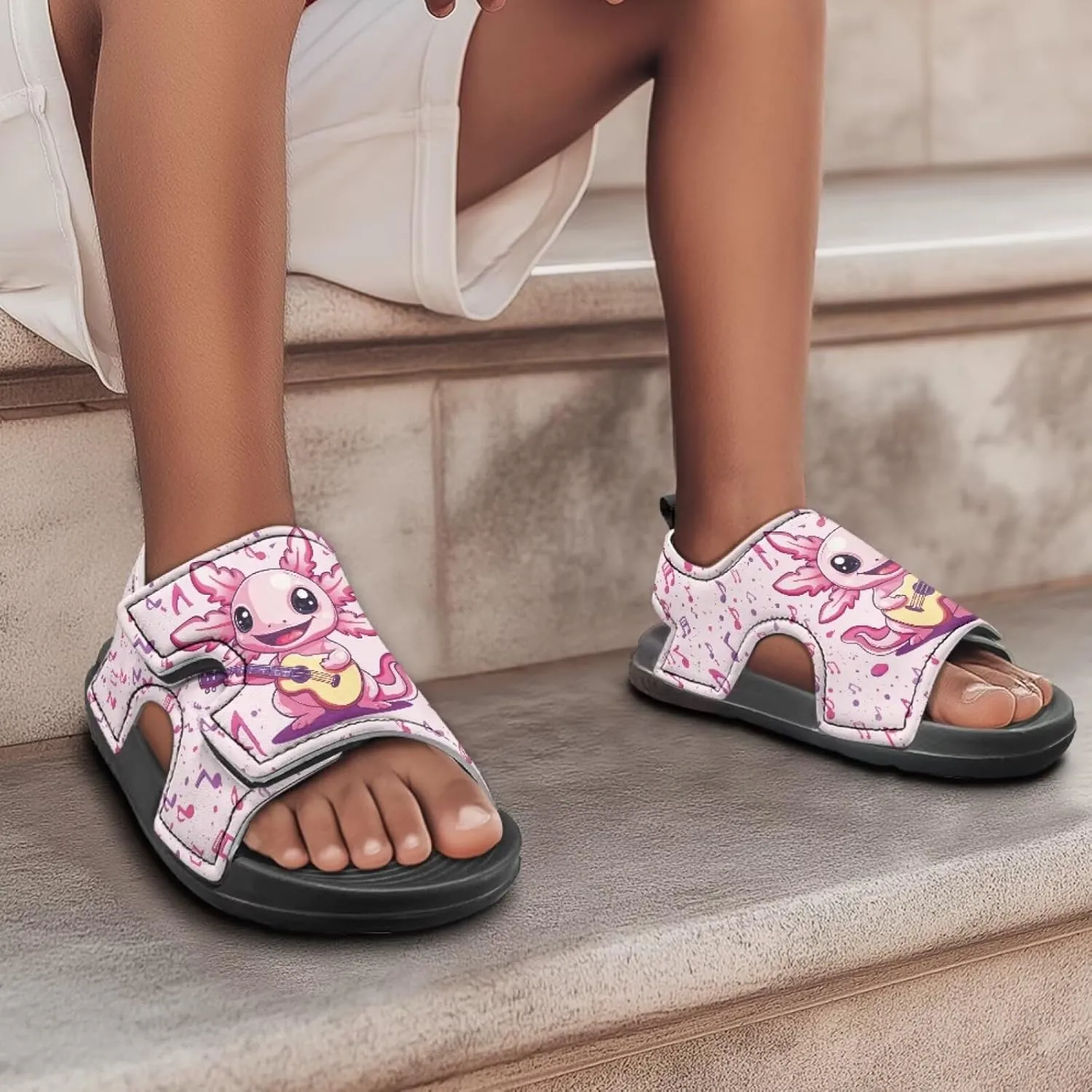 Cute Axolotl Kids Open Toe Slides Girls Boys Slip On Slide Sandals With Adjustable Strap Non-Slip Shower Shoes