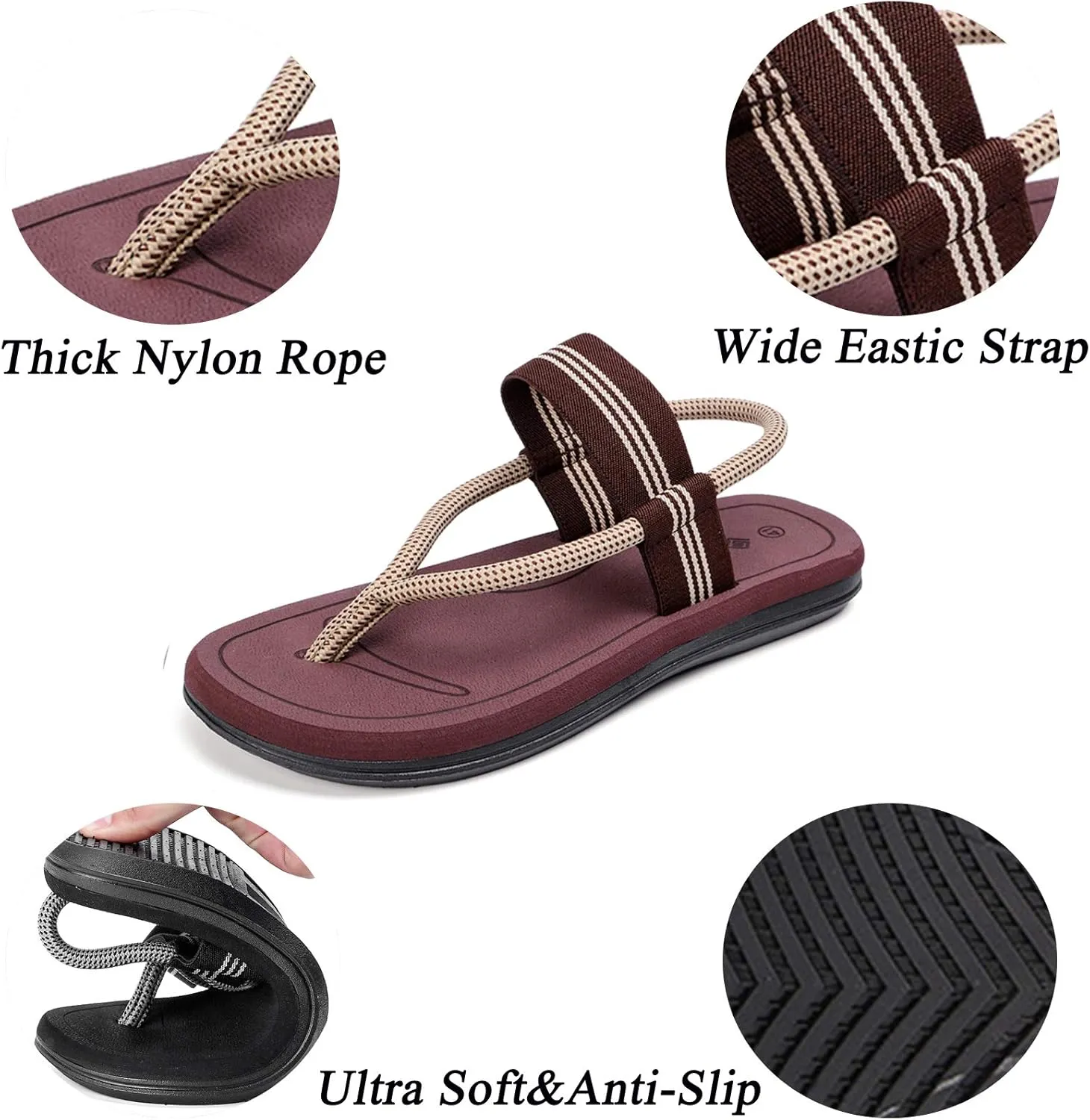 CYian Mens Sandals Slippers Rubber Flip Flops for Men Shoes with Fashion Eastic Strap Free Adjustment Indoor Outdoor