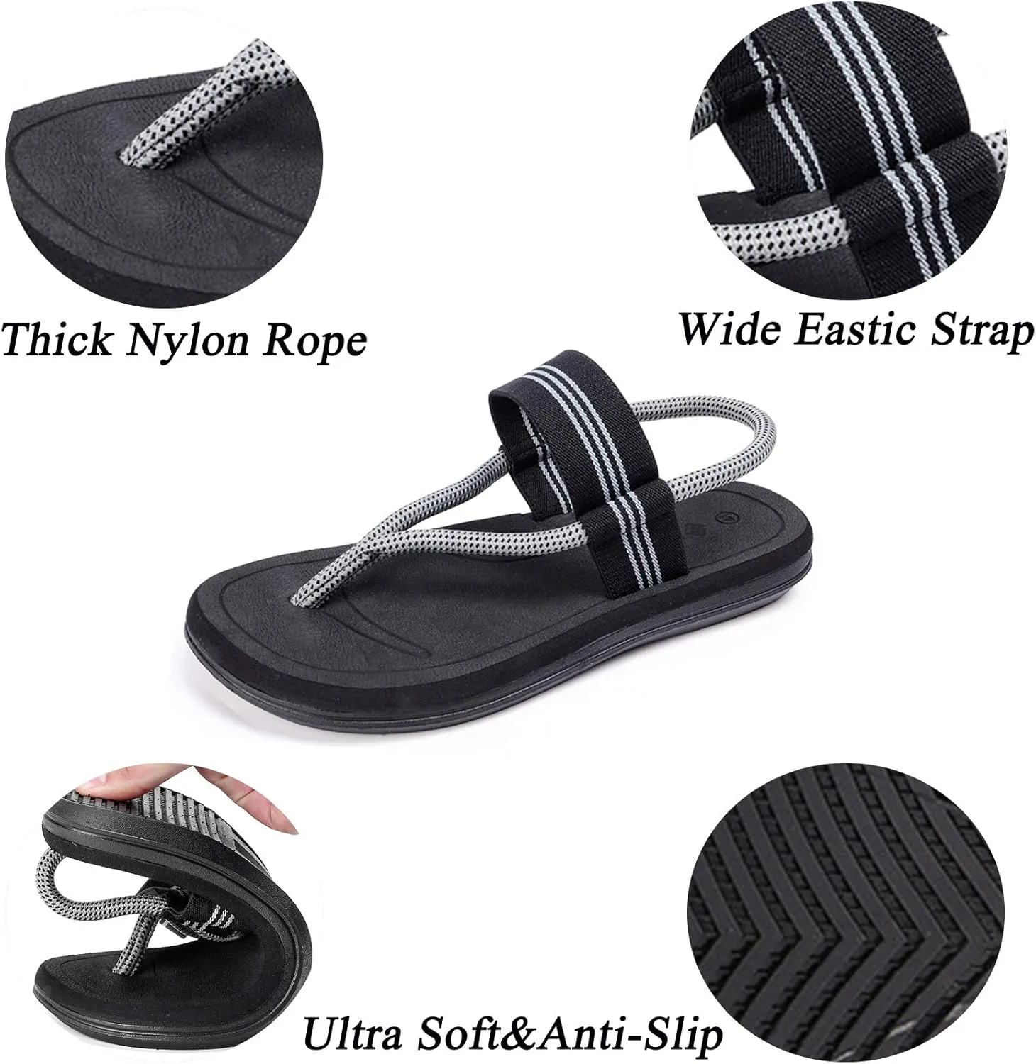 CYian Mens Sandals Slippers Rubber Flip Flops for Men Shoes with Fashion Eastic Strap Free Adjustment Indoor Outdoor