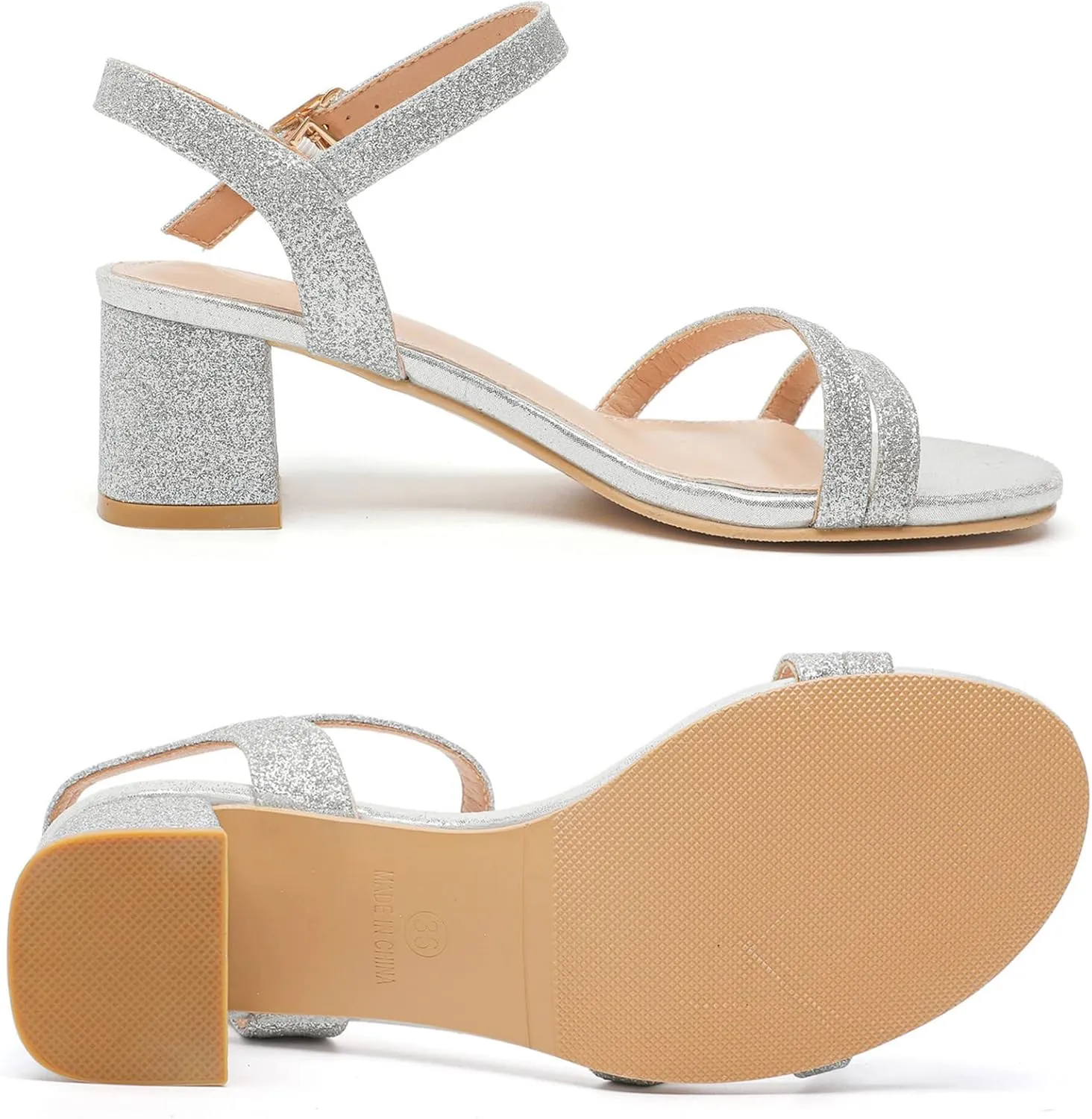DADAWEN Women's Open Toe Ankle Strap Low Block Chunky Heels Sandals Party Wedding Dress Pumps Shoes