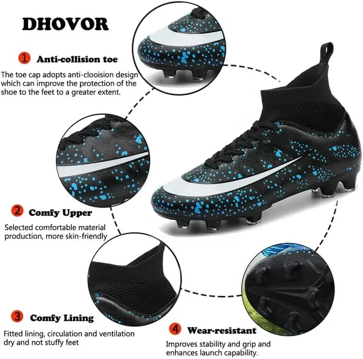 DHOVOR Womens Soccer Cleats Youth Football Cleats High-Top Athletics Football Trainers Outdoor and Indoor Soccer Shoes