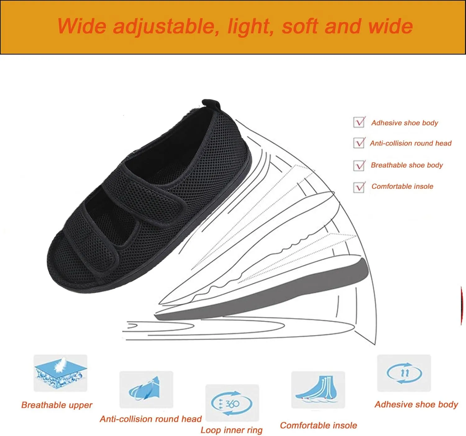Diabetic Shoes Extra Wide Diabetic Sandals, Adjustable Closed Arch Support Orthotic Shoes for Diabetes Edema Plantar Fasciitis Bunions Arthritis Swollen Feet Indoor and Outdoor