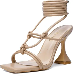 DOBOYG Lace Up Heels for Women, Square Toe High Heel Wrap Up Heeled Sandals Tie Up Strappy Heels Dress Shoes