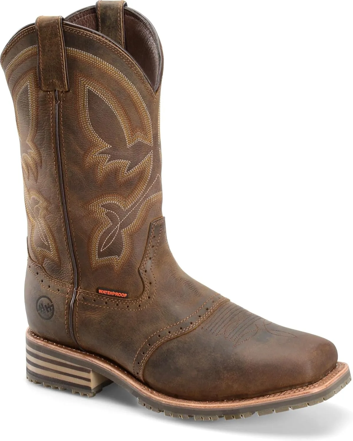 DOUBLE-H 11" Jeyden Waterproof Western Boots for Men - Square Toe Leather Upper with PU Footbed and Oil- and Slip-Resistant I.C.E. Outsole, EH-Rated