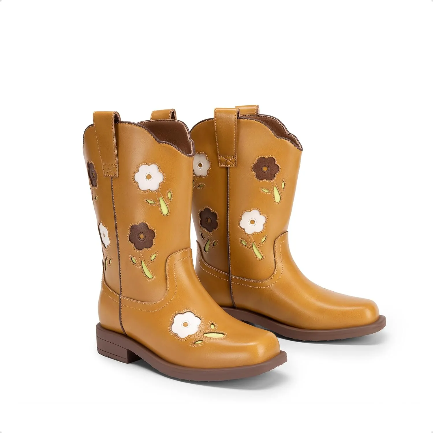 DREAM PAIRS Girls Cowgirl Boots Kids Mid Calf Western Boots Flower Cowboy Boots Square Toe Riding Shoes for Toddler/Little Kid/Big Kid