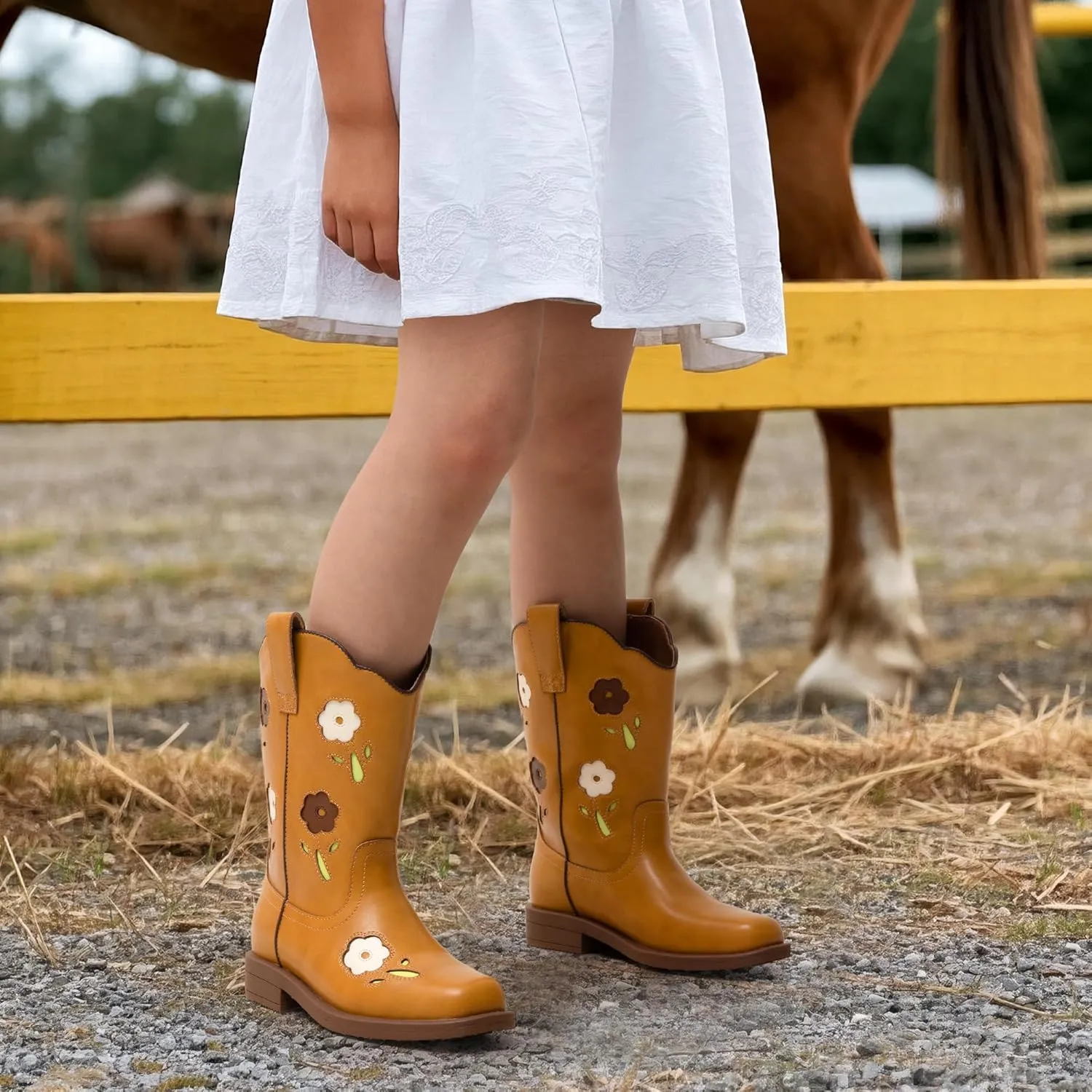 DREAM PAIRS Girls Cowgirl Boots Kids Mid Calf Western Boots Flower Cowboy Boots Square Toe Riding Shoes for Toddler/Little Kid/Big Kid