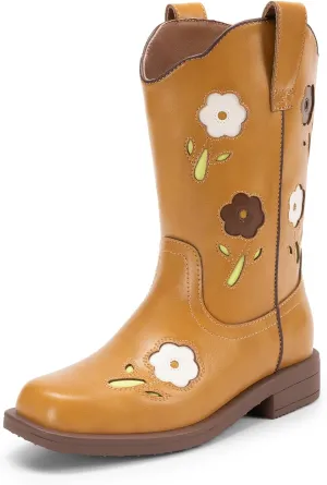 DREAM PAIRS Girls Cowgirl Boots Kids Mid Calf Western Boots Flower Cowboy Boots Square Toe Riding Shoes for Toddler/Little Kid/Big Kid