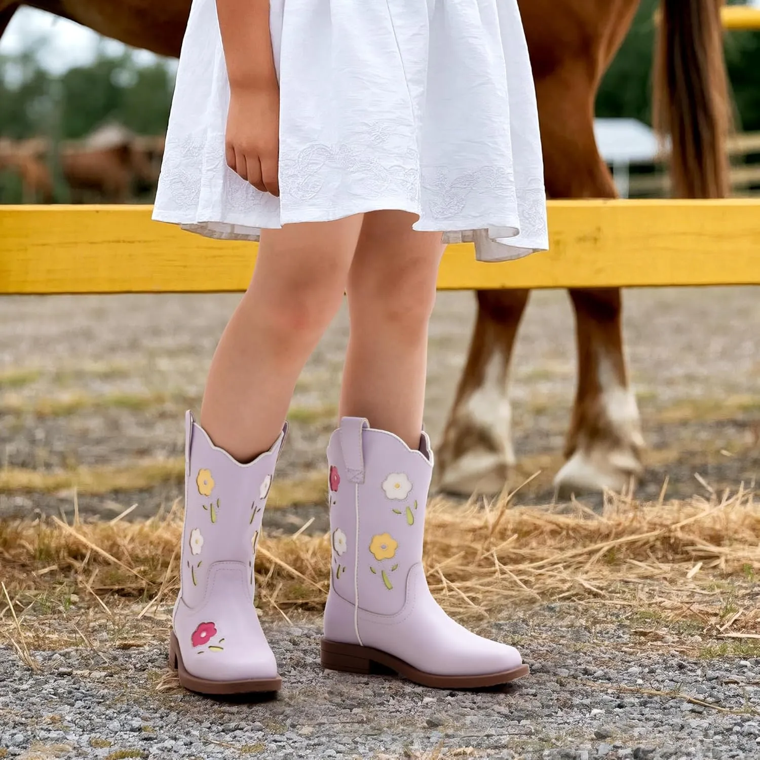 DREAM PAIRS Girls Cowgirl Boots Kids Mid Calf Western Boots Flower Cowboy Boots Square Toe Riding Shoes for Toddler/Little Kid/Big Kid