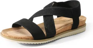 DREAM PAIRS Women's Comfortable Low Wedge Sandals, Open Toe Slip On Strappy Flat Sandals with Elastic Ankle Strap