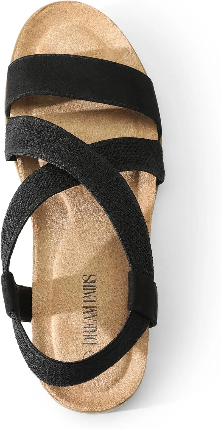DREAM PAIRS Women's Comfortable Low Wedge Sandals, Open Toe Slip On Strappy Flat Sandals with Elastic Ankle Strap