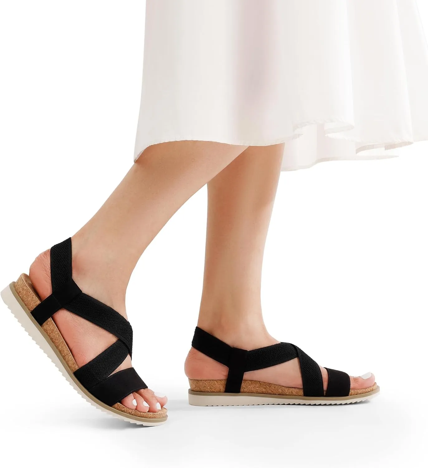 DREAM PAIRS Women's Comfortable Low Wedge Sandals, Open Toe Slip On Strappy Flat Sandals with Elastic Ankle Strap