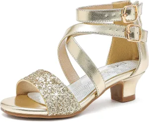 Dufannie Toddler Little Big Kid High Heels Flower Girls Party Dress Shoes Glitter Pump Sandals