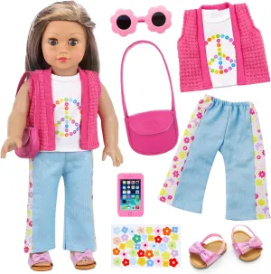 Ecore Fun American 18 Inch Doll Clothes and Accessories, 8 Pcs 18 Inch Doll Girl Clothes Set Include Sweater Vest, White Vest, Jeans, Sandals, Shoulder Bag, Mobile Phone, Sticker, Sunglasses