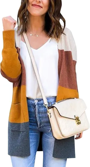ECOWISH Cardigan Sweaters for Women Lightweight Fall Color Block Striped Long Sleeve Open Front Cozy Knitted Coats Outwear