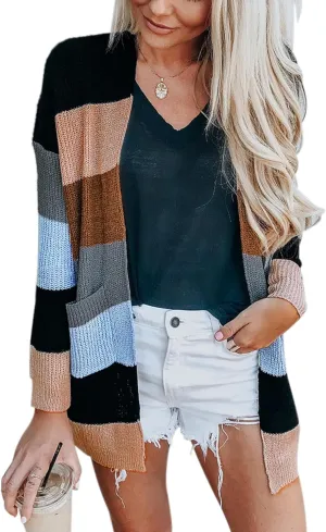 ECOWISH Cardigan Sweaters for Women Lightweight Fall Color Block Striped Long Sleeve Open Front Cozy Knitted Coats Outwear