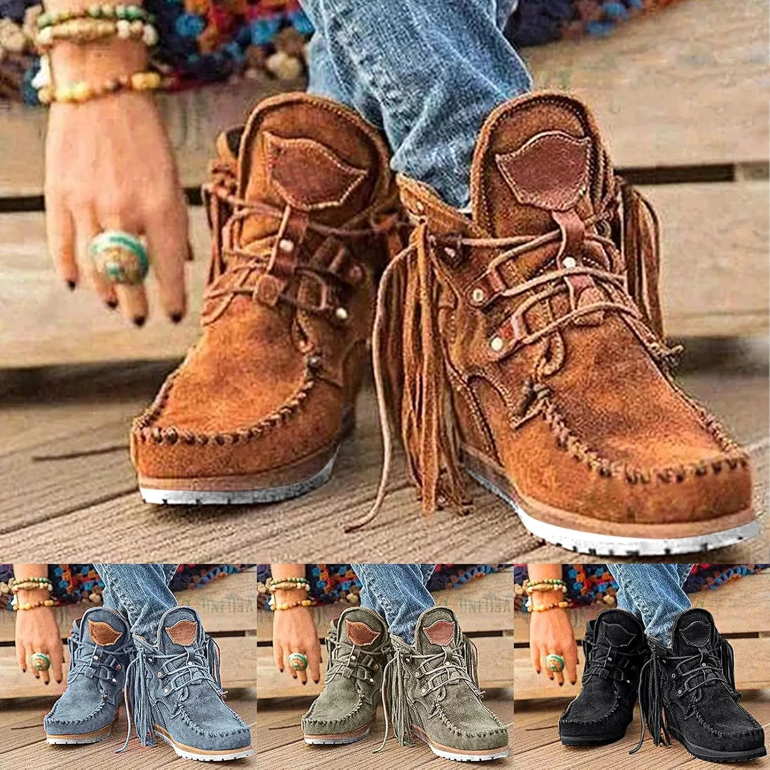 Eduavar Cowboy Boots for Women Cowboy Style, Cowgirl Boots Women Retro Tassel Boots Shoes Cowgirl Square Toe Lace Up Boots