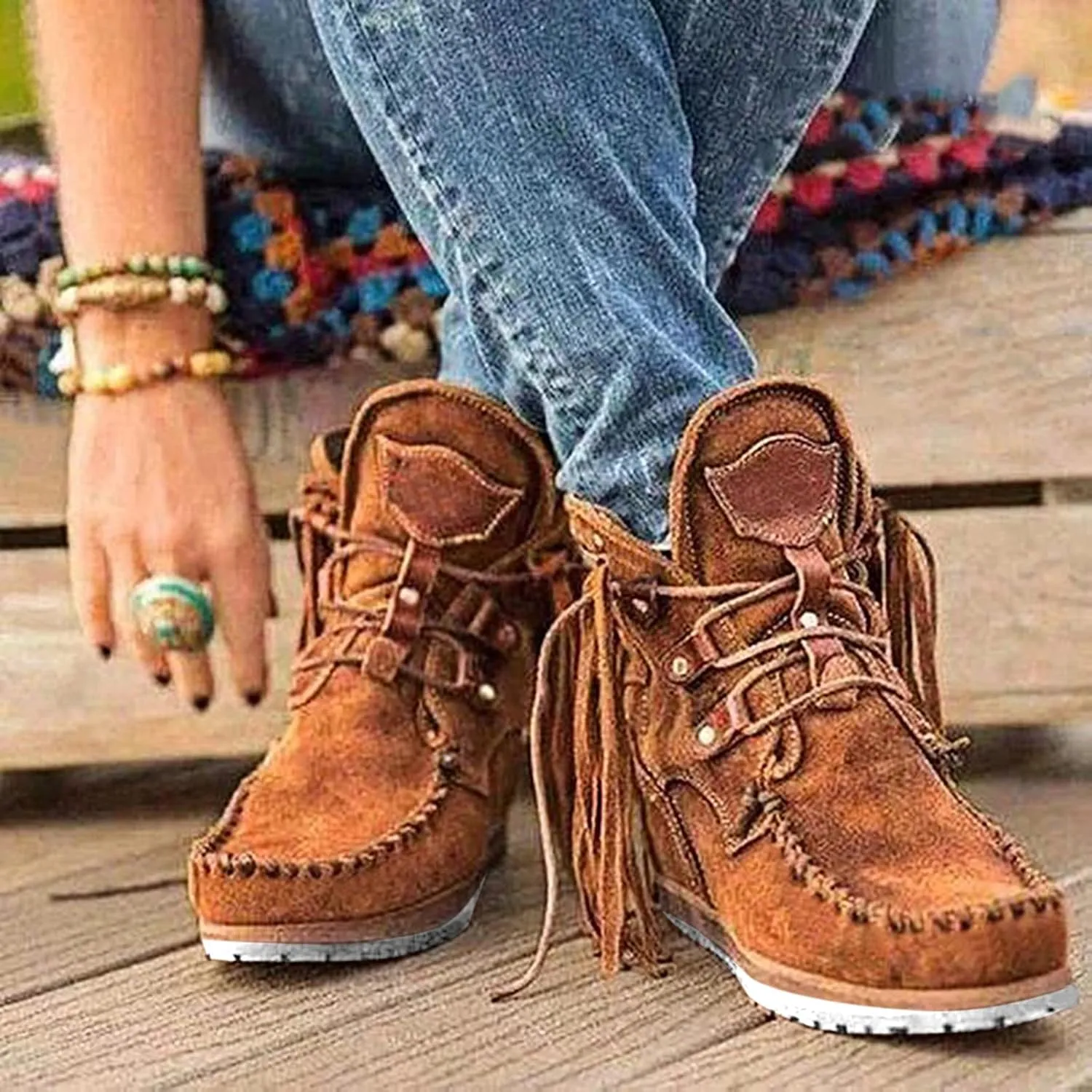 Eduavar Cowboy Boots for Women Cowboy Style, Cowgirl Boots Women Retro Tassel Boots Shoes Cowgirl Square Toe Lace Up Boots