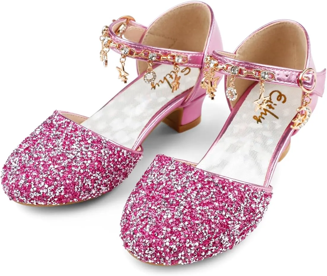 Eithy Girls Sandals Glitter Dress Shoes Princess Diamond Low Heel Pendant for Kids Toddlers